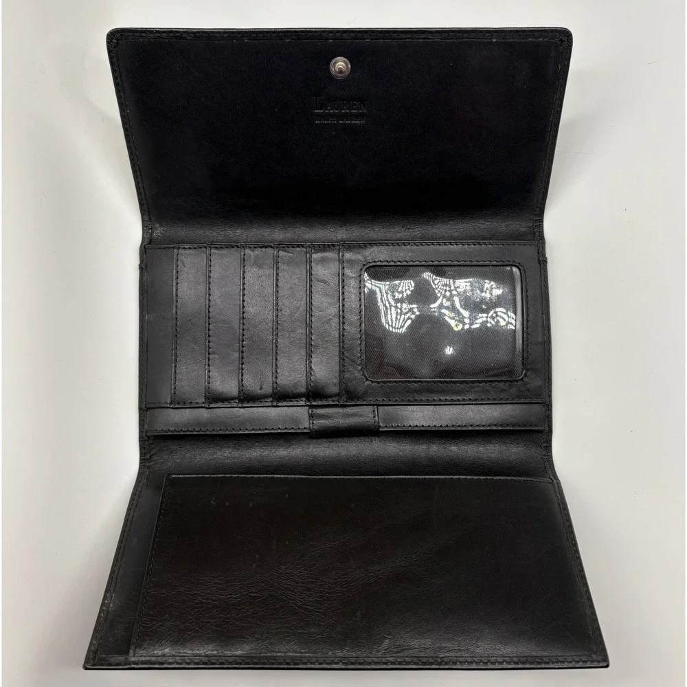 Lauren Ralph Lauren Black Leather RL Monogram Embossed Trifold Continenta Wallet